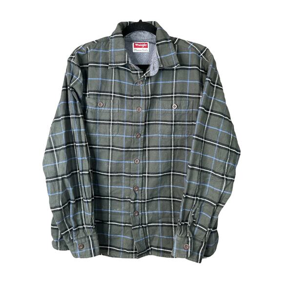 Men’s Wrangler Green Blue Plaid Long Sleeve Button Down Flannel Size Large - Picture 1 of 7